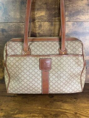 Celine Tan Monogram Canvas Shoulder Bag with Brown Leather Trim Vintage